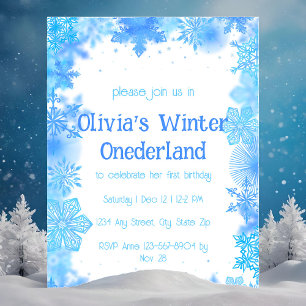 Blå Snöflinga Vinter Onederland-fest Inbjudningar