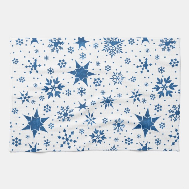 Blå Snöflingemönster Kökshandduk (Horisontell)