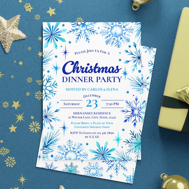 Blå Snöflingor-julmiddag Party Watercolor Inbjudningar (Blue Snowflakes Christmas Dinner Party Watercolor Invitation)