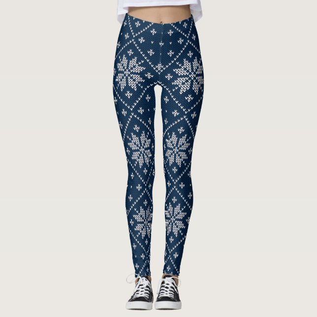 Blå Snöflingor julsötare Sticka Mönster Leggings (Framsida)