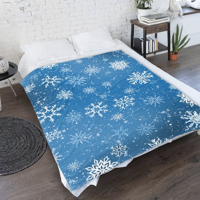 Blå Snöflingor Klassisk Vinter Vit Snö Fleecefilt (Skapare uppladdad)
