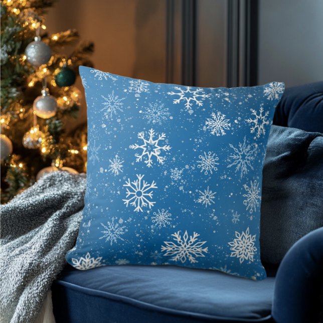 Blå Snöflingor Klassisk Vinter Vit Snö Kudde (Skapare uppladdad)