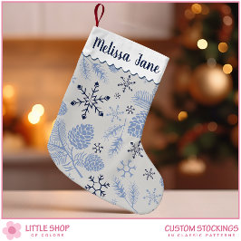 Blå Snöflingor Kottar Anpassningsbart Monogram Liten Julstrumpa
