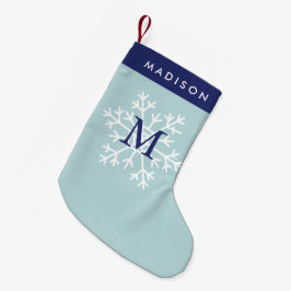 Blå snöflingor monogrammad liten julstrumpa