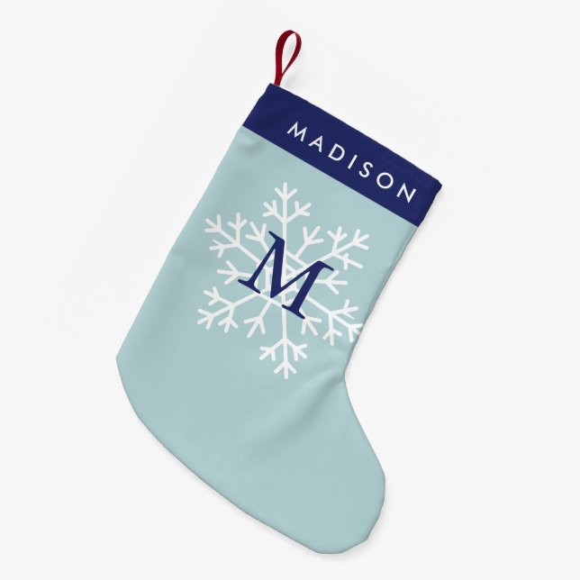 Blå snöflingor monogrammad liten julstrumpa (Framsidan (Hängande))