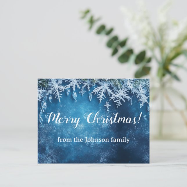 Blå snöflingor och is - juldesign vykort (Stående Fram)