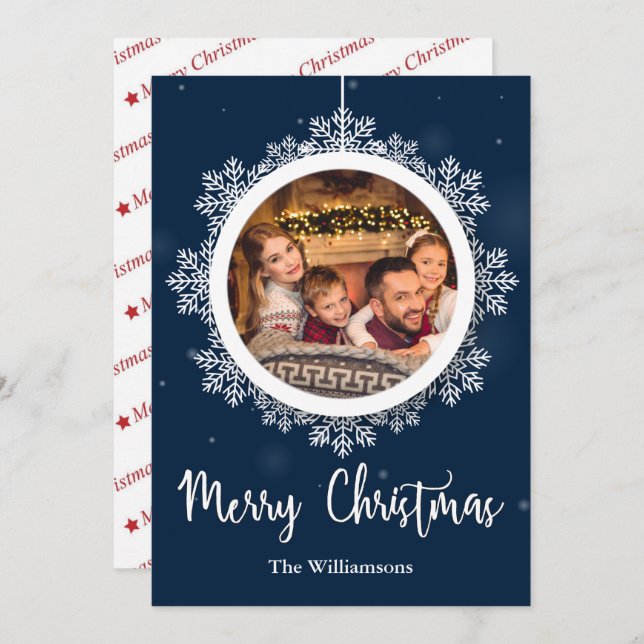 Blå snöflingor Ornament Julfoto Julkort (Fram/baksida)