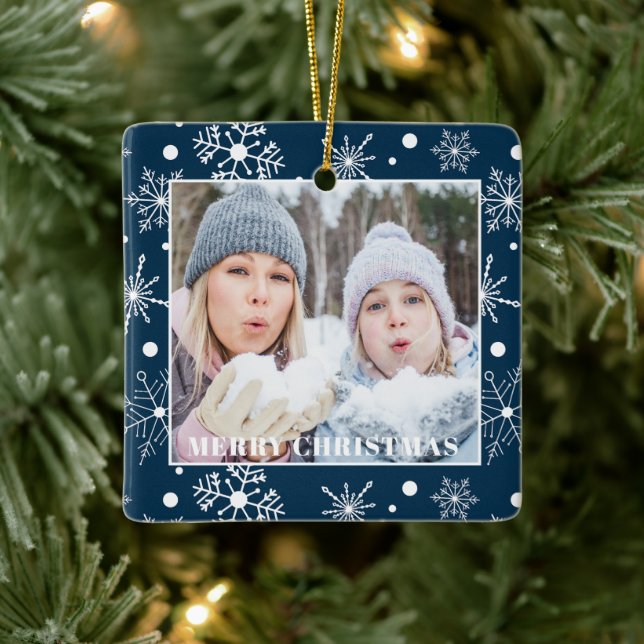 Blå snöflingor Photo Namn jul Ornament (Träd)
