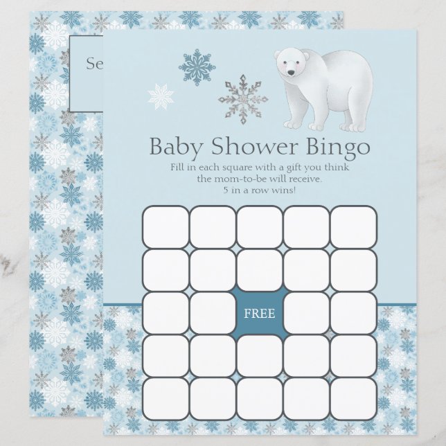 Blå snöflingor Polar Bear Baby Shower Bingo Game (Fram/baksida)