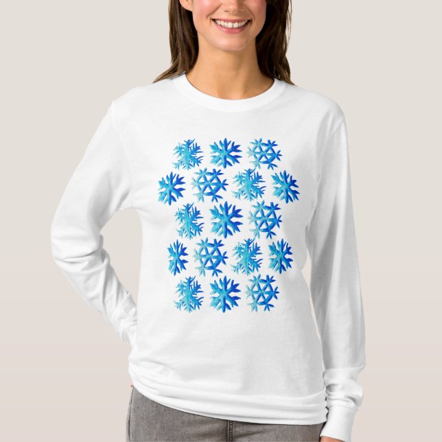 Blå snöflingor, vattenfärgsfärgskontura t shirt (Framsida)