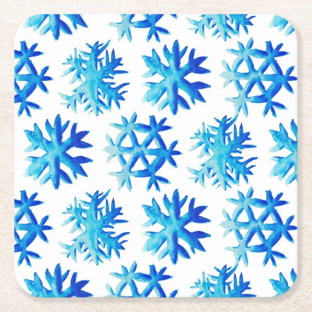 Blå snöflingor, vattenfärgsfärgskontura underlägg papper kvadrat (Framsidan)