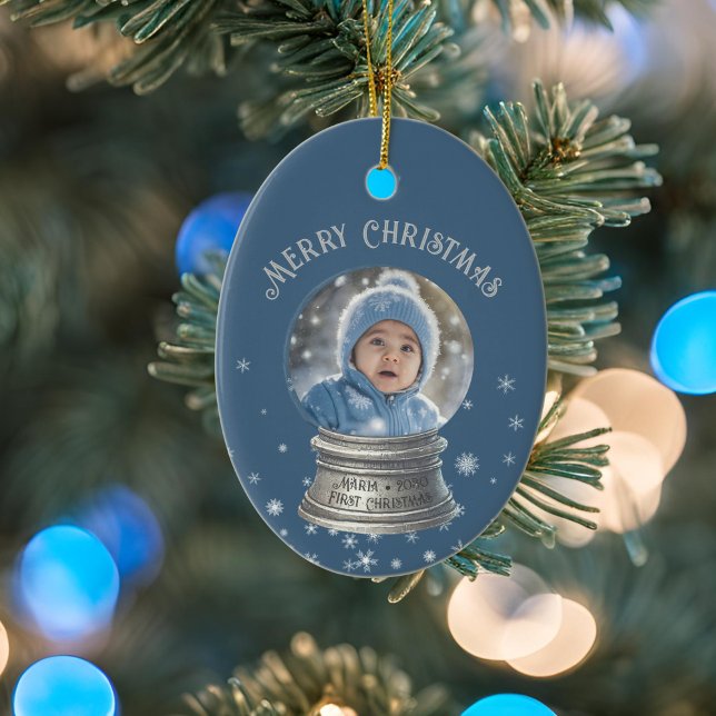 Blå Snöglob Snöflinga Foto Julgransprydnad Keramik (blue snowglobe  snowflake ornament)