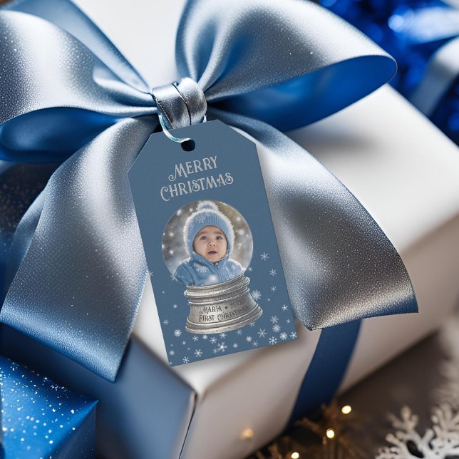 Blå Snöglob Snöflinga Foto Presentetikett (blue snow globe snowflake gift tag
)