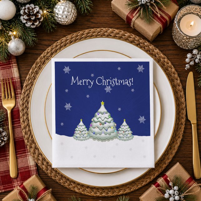 Blå Snöig Julgran Pappersservett (Blue Snowy Christmas Tree Paper Napkins)