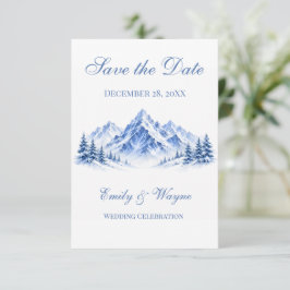 Blå snöiga berg bröllop Save the Date-kort