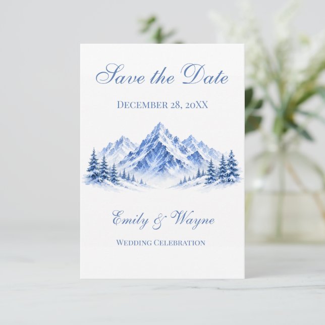 Blå snöiga berg bröllop Save the Date-kort (Stående Fram)