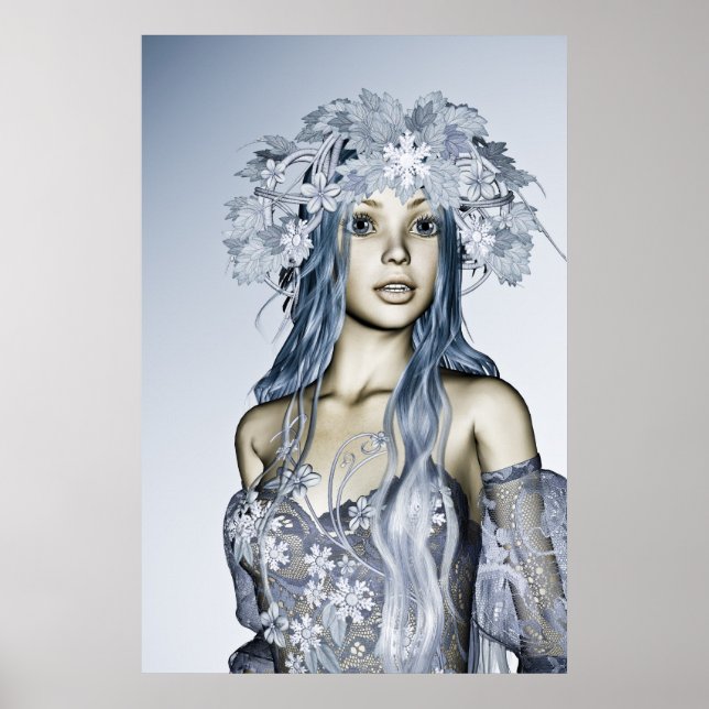 Blå Snöjungfru Vinterfantasi Porträtt Poster (Framsidan)