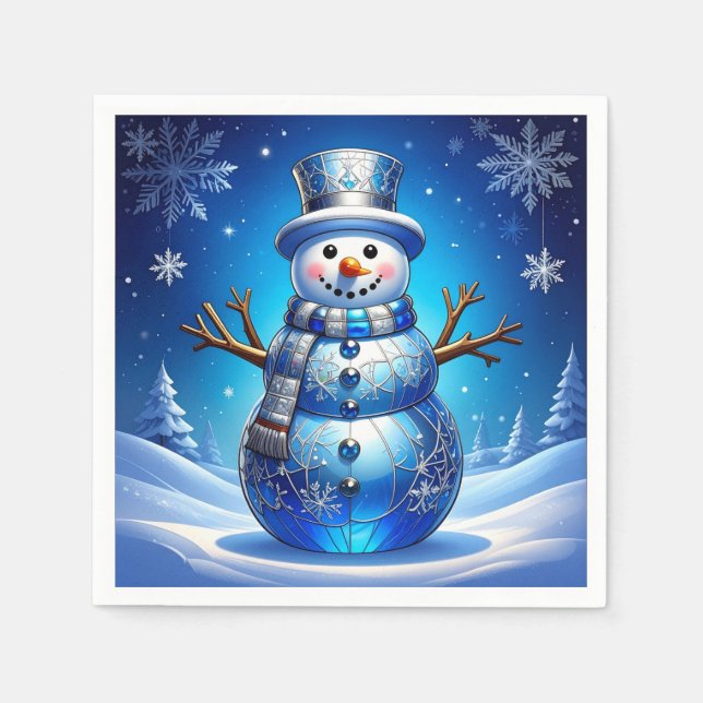 Blå Snömannen Snöflingor Holiday Servett (Framsidan)