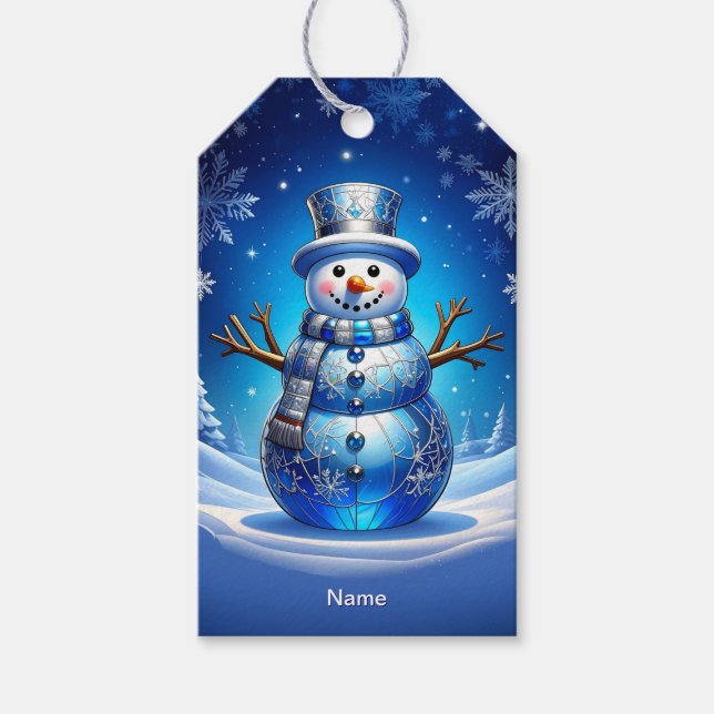 Blå Snömannen Snöflingor Jul Presentkort Presentetikett (Framsidan)