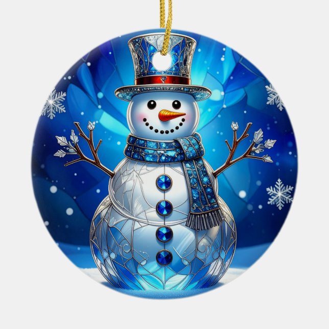 Blå Snömannen Snöflingor Jul Pynt Julgransprydnad Keramik (Framsidan)
