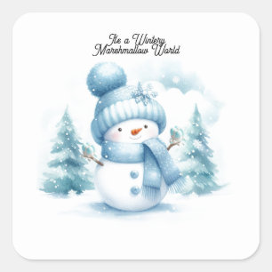 Blå Snömannen Vinterlig Marshmallow Värld Fyrkantigt Klistermärke