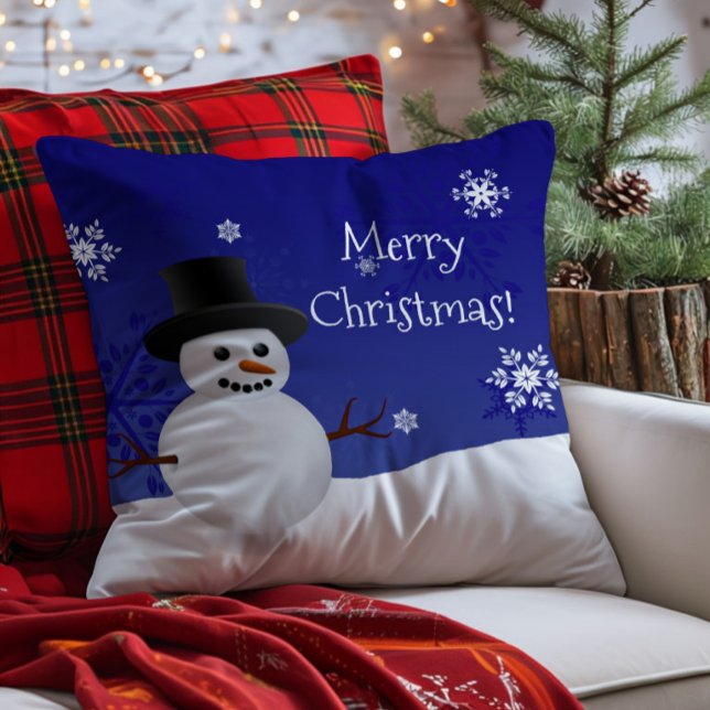 Blå Snömannen Vinterscen Jul Kuddcover Kudde (Blue Snowman Winter Scene Christmas Throw Pillow)