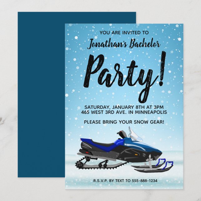 Blå Snöskoter Vinter Sällmanna Fest Inbjudan (Fram/baksida)