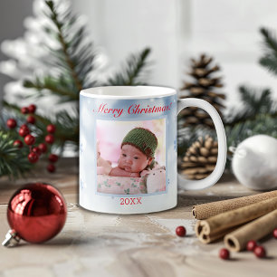 Blå snowflake-minsta röda brev-foto kaffemugg