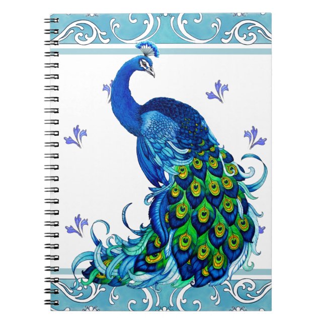 Blå snurra Gräns och Peacock Design Anteckningsbok (Framsidan)