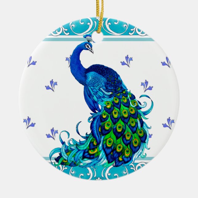 Blå snurra Gräns och Peacock Design Julgransprydnad Keramik (Framsidan)