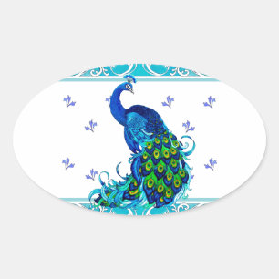 Blå snurra Gräns och Peacock Design Ovalt Klistermärke