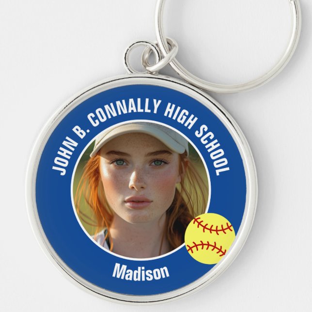 Blå Softbollspelare Foto Högstadiet Minne Rund Silverfärgad Nyckelring (Framsidan)