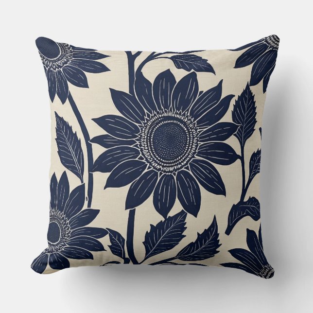 Blå solblommor - Blocktryck, stil Kudde (Framsida)