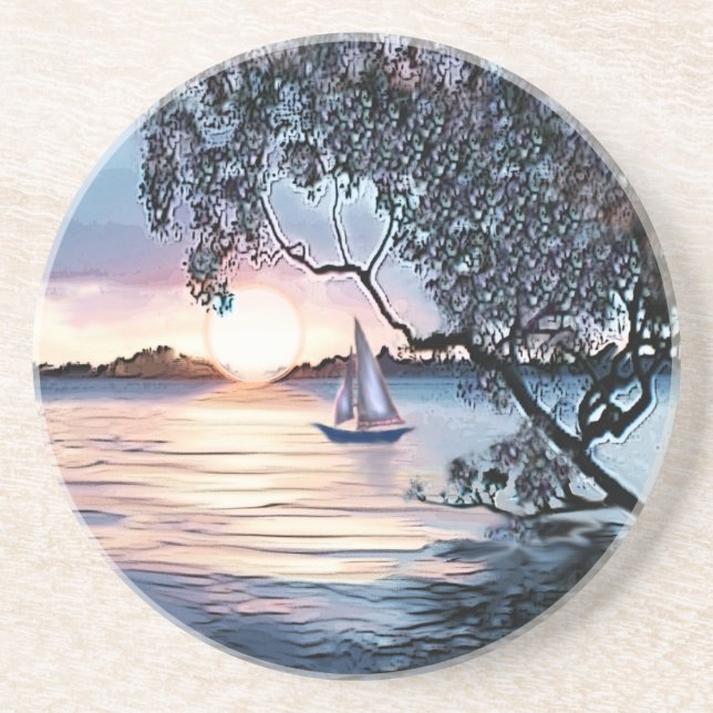 Blå solnedgång över Sjö Segelbåt Underlägg (Framsidan)