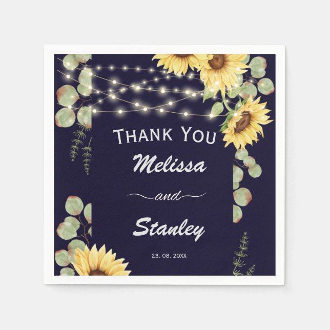 Blå solros Eucalyptus String Ljus Bröllop Pappersservett (Framsidan)