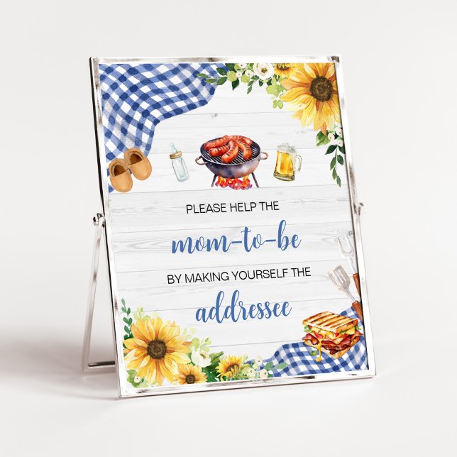 Blå solrosa, babyskor, kuvert Station Poster (Boy Picnic Backyard Baby Shower Envelope Station Sign)