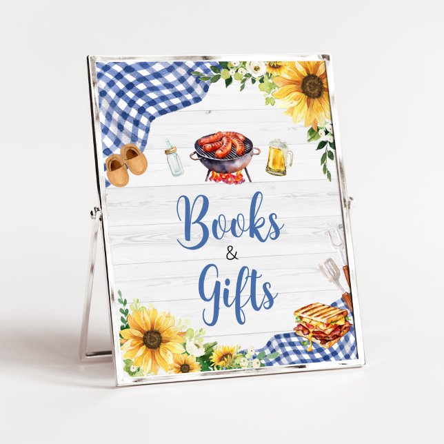 Blå solrosa BQ Baby Shower Bokar och gåvor Poster (Boy Picnic Backyard Baby Shower Books and Gifts Sign)