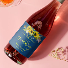 Blå solrosetikett Bröllop Vin Vinflaska Etikett