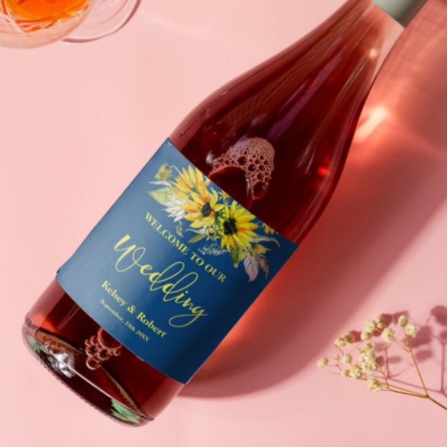 Blå solrosetikett Bröllop Vin Vinflaska Etikett (Skapare uppladdad)