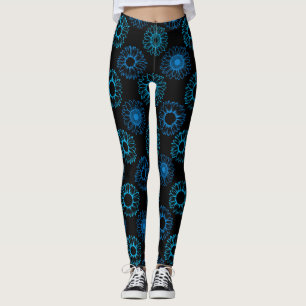 Blå solrosmönster svart bakgrund leggings