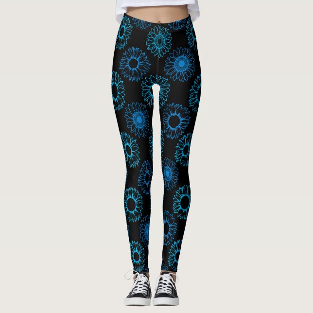 Blå solrosmönster svart bakgrund leggings (Framsida)