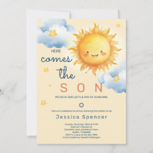 Blå Solsken Sol Här Kommer Sonen Baby Shower Inbjudningar