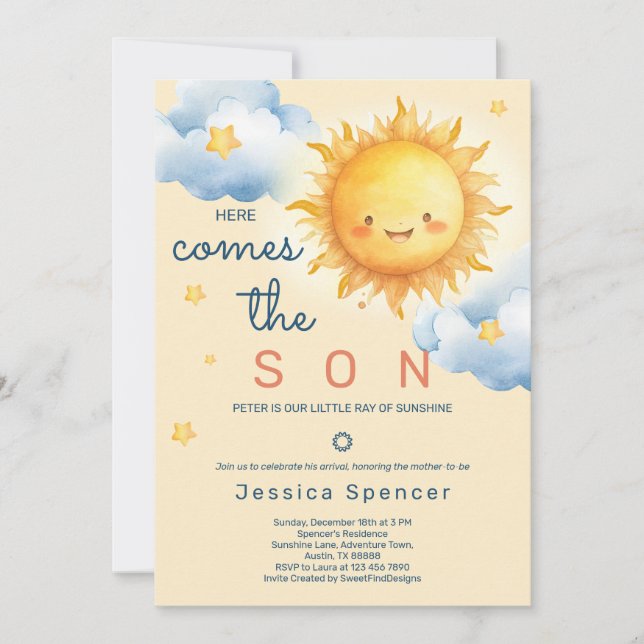 Blå Solsken Sol Här Kommer Sonen Baby Shower Inbjudningar (Framsida)