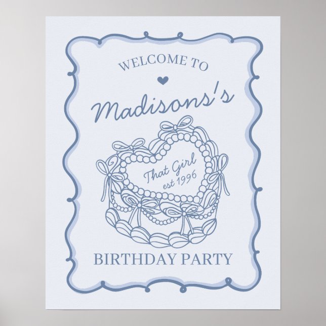 Blå som ger hjärt-coquette Cake Birthday Poster (Framsidan)