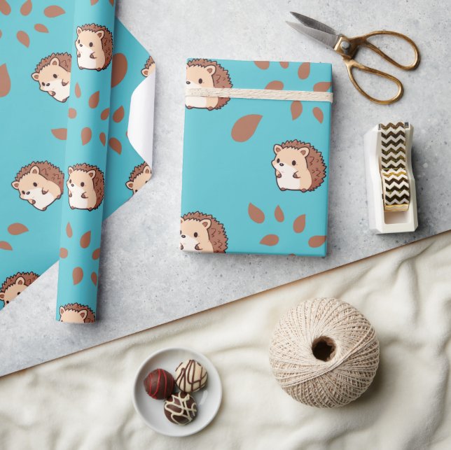 Blå sömlös Hedgehog Wrapping Papper: Mysigt fall Presentpapper (Hantverk)