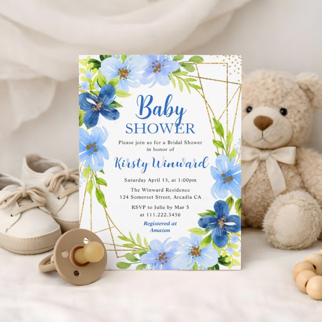 Blå sommarblommor & guld ram baby shower inbjudningar (Skapare uppladdad)