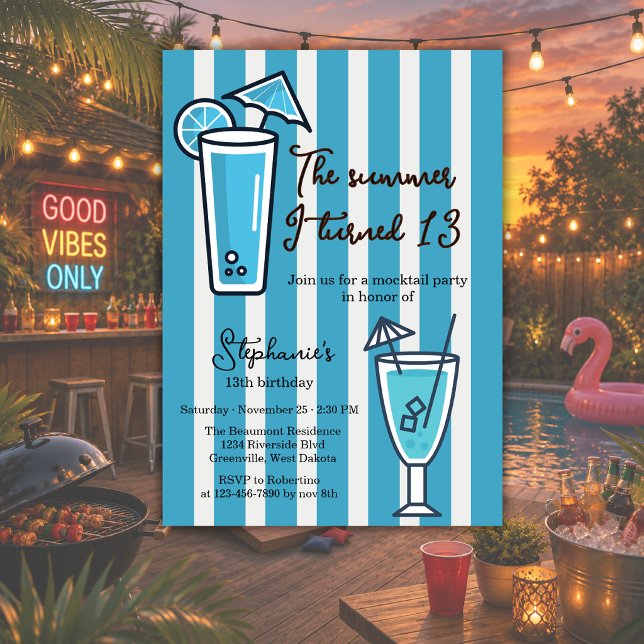 Blå Sommaren Jag Blev 13 Mocktail Födelsedag Inbjudningar (Skapare uppladdad)