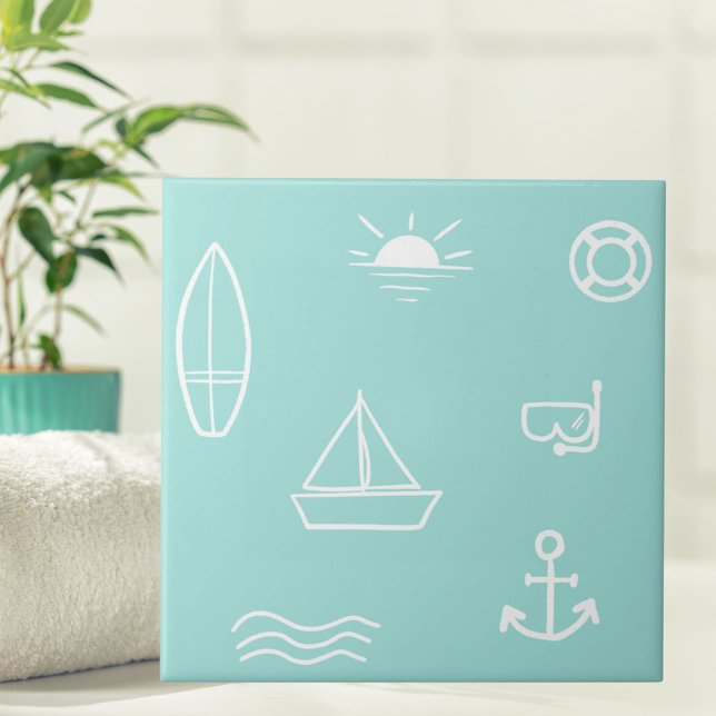 Blå sommarhavslös Mönster Kids Bathroom Kakelplatta (Close up)