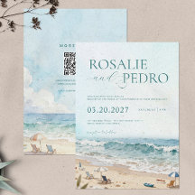 Blå Sommarstrand Vattenfärg QR-kod Bröllop