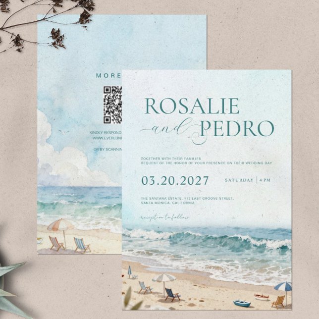 Blå Sommarstrand Vattenfärg QR-kod Bröllop Inbjudningar (Skapare uppladdad)